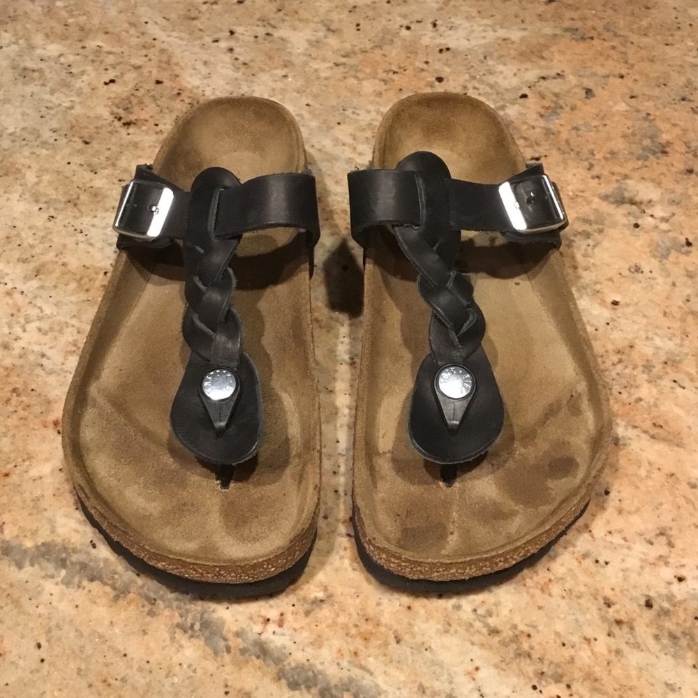 Birkenstock Gizeh Black Braided Oiled Leather Buckle Thong Sandals Regular Width